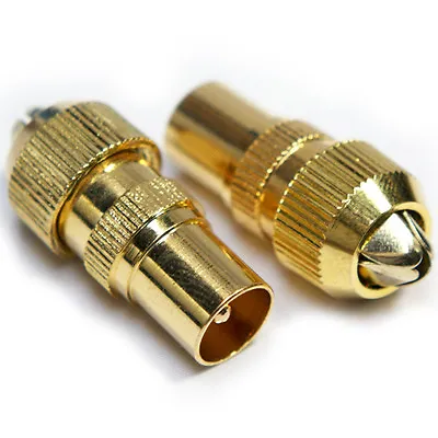 2x GOLD TV Aerial Male Connectors Coaxial Coax RF Cable Plug Freeview Grip End • £6.49