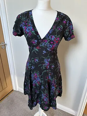 Silk Tea Dress - Black With Pink And Purple Floral Print - Size 10 - Warehouse • £40