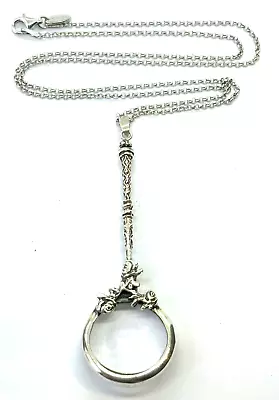 Sterling Silver Ornate Rose Design Mounted Magnifying Glass Pendant Necklace • £86