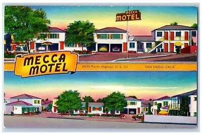 C1950 Mecca Motel Entrance Cottages Guests Restaurant Cars San Diego CA Postcard • $14.98