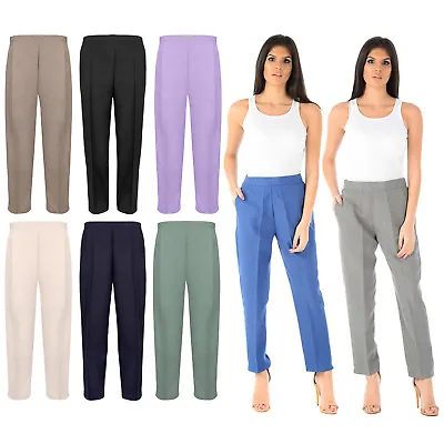 Ladies Womens Half Elasticated Stretch Waist Work Office Trousers Pockets Pants • £8.99