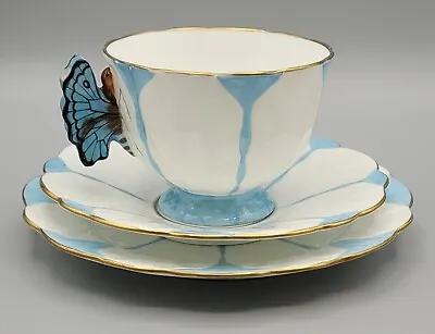 RARE ART DECO AYNSLEY BLUE BUTTERFLY HANDLE TEA  CUP & SAUCER  Trio 1930's D • £500