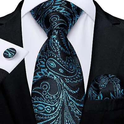 Dibangu Green Red Silk Mens Tie Paisley Necktie Hanky Cufflinks Wedding Tie Set • £10.39