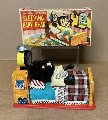 VINTAGE BATTERY-OP TIN-LITHO TOY SLEEPING BABY BEAR WITH THE BOX By Linemar • $50