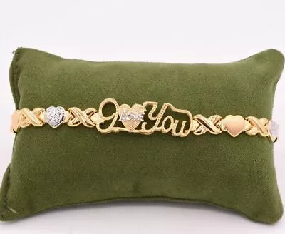 7.5  I Love You Kisses Hearts Bracelet Real 14K Yellow Gold-Plated Silver 925 • $49.49