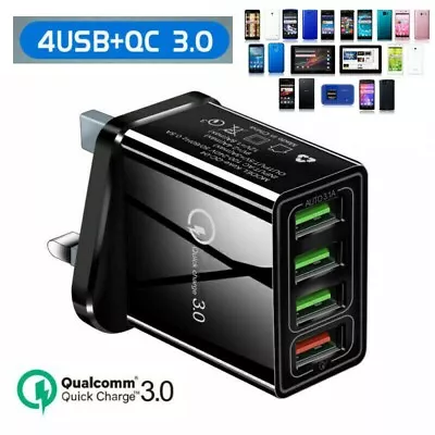 4 Ports Fast Quick Charge QC3.0 USB Hub Mains Wall Charger Adapter UK Plug Black • £4.65