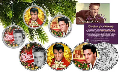 ELVIS PRESLEY JFK Half Dollar 3-Coin Set XMAS Tree Ornament Capsules - Licensed • $19.95