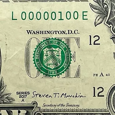 True Binary 0s 1s Fancy Serial Number One Dollar Bill L00000100E Seven Of A Kind • $1000