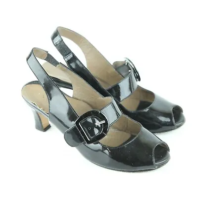 $48 • Buy Anyi Lu Tulip Black Patent Leather Slingback Peep Toe Mary Jane Heels 35 5