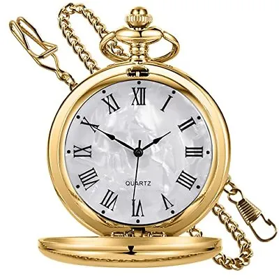 Smooth Steel Quartz Pocket Watch With Chain Gift For Men Gold • $25.66