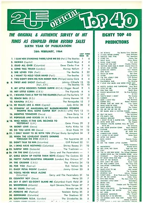 2UE Music Chart Top 40 Australia 28 February 1964 Beatles Saw Her Standing There • $7.90