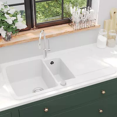 Granite Kitchen Sink Double Basins White Z7M3 • £284.93