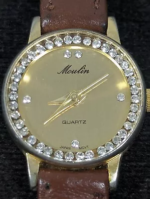 Moulin Gold Tone Dial Crystal Accent Round Case Brown Braided Leather Band Watch • $13.99