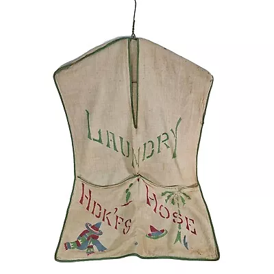 Vtg Clothespin Bag Hdk'fs Hose Laundry Canvas Linen Clothes Pin Mexican Sombrero • $29.95