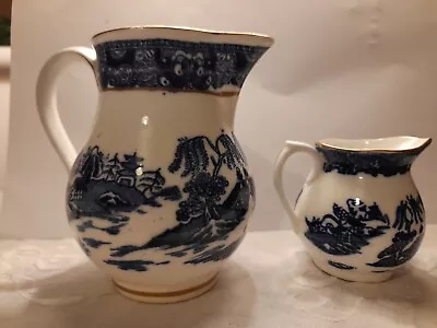 Pair Jugs Antique Coalport Blue And White Willowpattern 2 Temples Japanese • £10