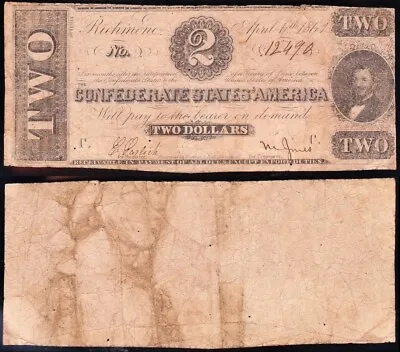 T-61 1863 $2 Confederate CSA Note! FREE SHIPPING! 12490 • $55