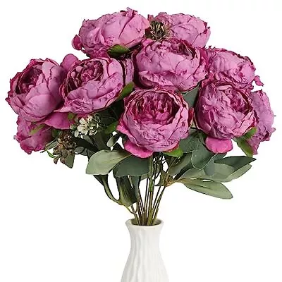 Hot Pink Peonies Artificial Flowers 2 Bouquets 14Heads Big Vintage Fake Silk ... • $28.34