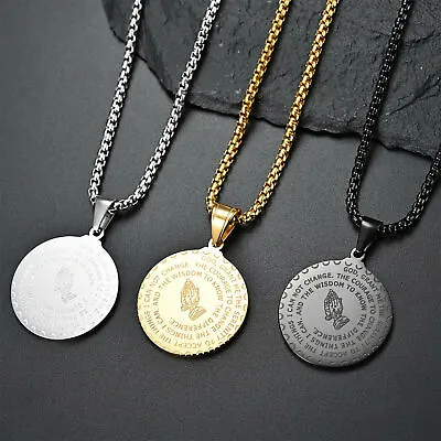 Men's Stainless Steel Serenity Prayer & Lord's Prayer Medallion Pendant Necklace • $8.89