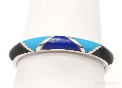 Vintage Turquoise Lapis Lazuli Black Onyx Inlay Sterling Silver Ring - Size 10 • $75