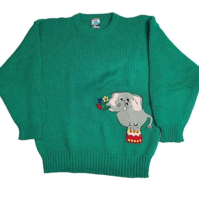 Vintage Knit Hot Brand Elephant Sweater Green Acrylic Size Large • $39.99