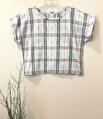 Sundance L {fits Xl} Plaid Dobby Embroidered Top Dolman Cap Sleeves Cotton *mint • $26.95