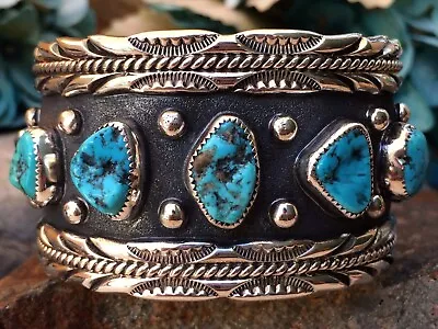 Vintage Wide Native American Navajo Turquoise Sterling Silver Cuff Bracelet Wow • $365