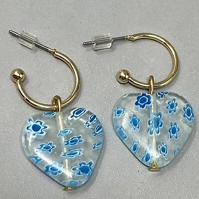 Murano Millefiori Hoop Pierced Earrings Clear Heart Glass Dangle Blue Flowers 1  • $12.79