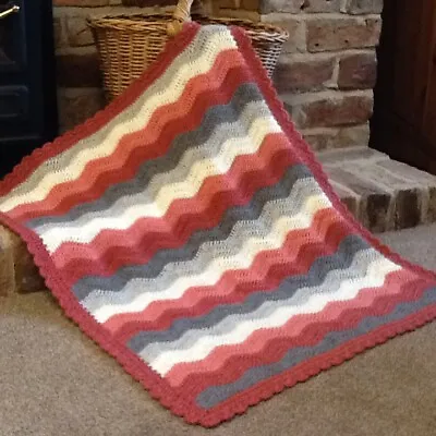 Crochet Baby Blanket Unisex Ripple Handmade OOAK 30  X 25  Greys/Cream/Rusts • £25