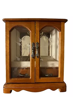 Vintage Jewelry Armoire Box Wood Etched Glass Mirrored  Drawer 11.25”H X 10”W • $30