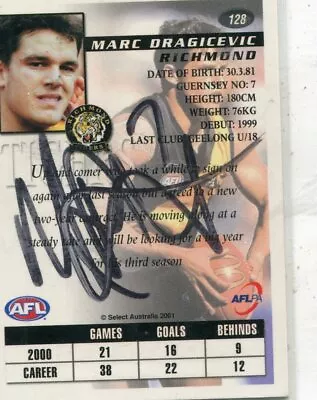 $7.50 • Buy AFL Select 2001 #128 Richmond Marc Dragicevic Autographed Card