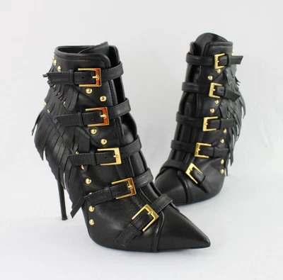 $299 • Buy Guiseppe Zanotti Black Stud Fringe Buckle Accent Side Zip Bootie Boot Shoe 38 8