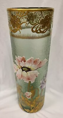 Signed Mont Joye French Cameo Art Glass Cylinder Vase. Floral And Gold Decor  • $1450