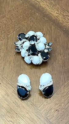 Vintage Eisenberg Black & White Rhinestone Brooch & Earrings Set Signed Rare! • $78.40