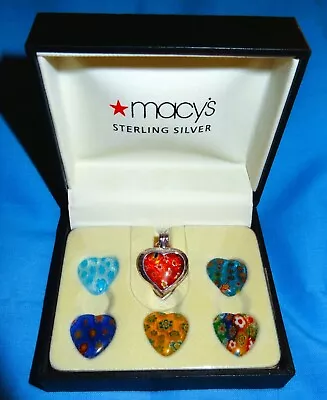 Millefiori Glass Sterling Silver Necklace 5 Interchangeable Hearts Charms Chain • $44.99