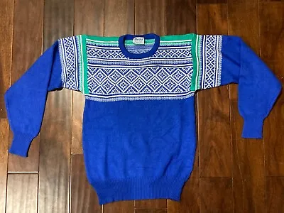 Vintage Meister Wool Blend Blue Patterned Retro Ski Lodge Sweater Size Medium • $29.99