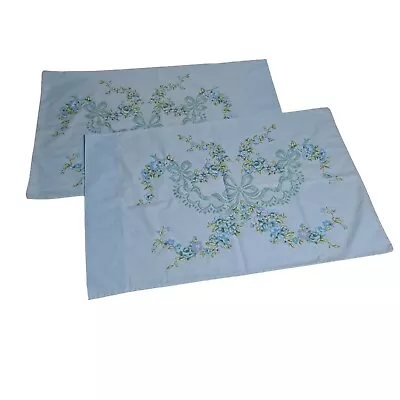 Vintage Pillowcase No Iron Percale Standard Size Set Blue Floral Ribbon USA 70s • $21.99