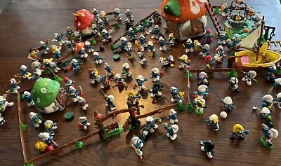 99 Vintage Smurf Figures + Mushroom House Village Fence Boat Gate 1970’s • $495