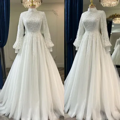 Glitter Muslim Lace Appliques Wedding Dresses High Neck A Line Tulle Bridal Gown • $152.99