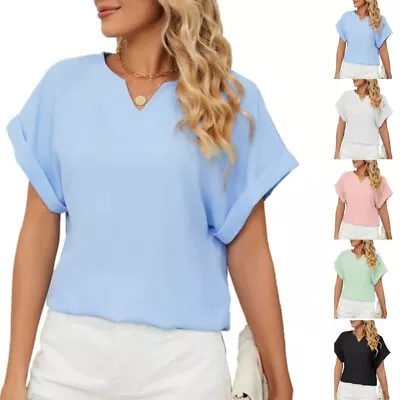 Ladies Summer Plain Blouse Tops V Neck Loose Fit T Shirt Holiday Casual Shirts • £10.39