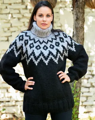 Black Icelandic Wool Sweater Hand Knitted Jumper Turtleneck Norwegian Pullover • $199