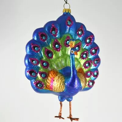 Blown Glass Peacock Ornament Bejeweled Blue Fanned Tail Metal Legs • $14.99