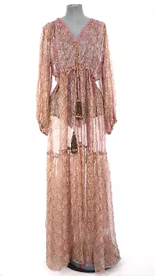 Miss June Paris Dress Maxi Flowy Bohemian Sheer Floral Pink Sequin Gown UK 10 12 • £94.99