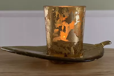 Gold Leaf Fleck Candle Holder MCM Boho Votive And Leaf Shaped Plate • £13.62