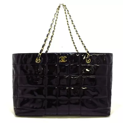 Auth CHANEL Chocolate Bar 5A2903 Black Patent Leather Tote Bag Gold Hardware • £553.61