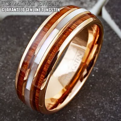 8mm Men's Rose Gold Plated Tungsten Mother Of Pearl & Koa Wood Wedding Band Ring • $16.99