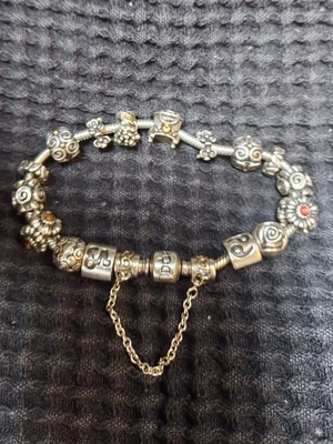 $88.63 • Buy Pandora 925 Sterling Silver Bracelet With Gold & Silver Charms