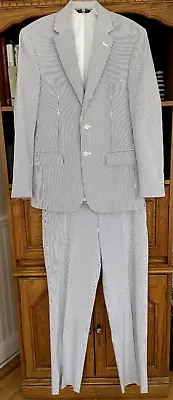 Jos A Bank Gray-Blue & White Seersucker Suit 39R Jacket 33R Pants Tailored • $99.50