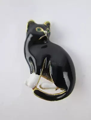 Vintage Black White Paws Cat Kitty Enamel Green Eyes  Brooch Pin • $15