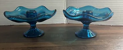 Vintage Viking Blue Glass 6 Petal Set Of 2 Candlestick Holders Bluenique Epic • $37.67