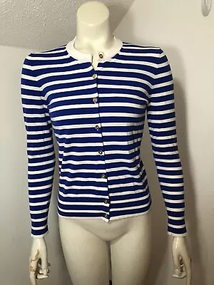 J Crew Womens Small White Royal Blue Striped Cardigan Tight Knit Long Sleeves • $9.95